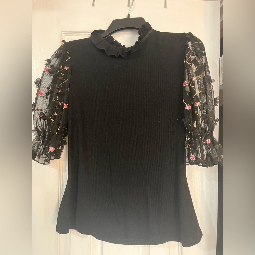 Black Ruffle Neck Top with Floral Mesh Sleeves